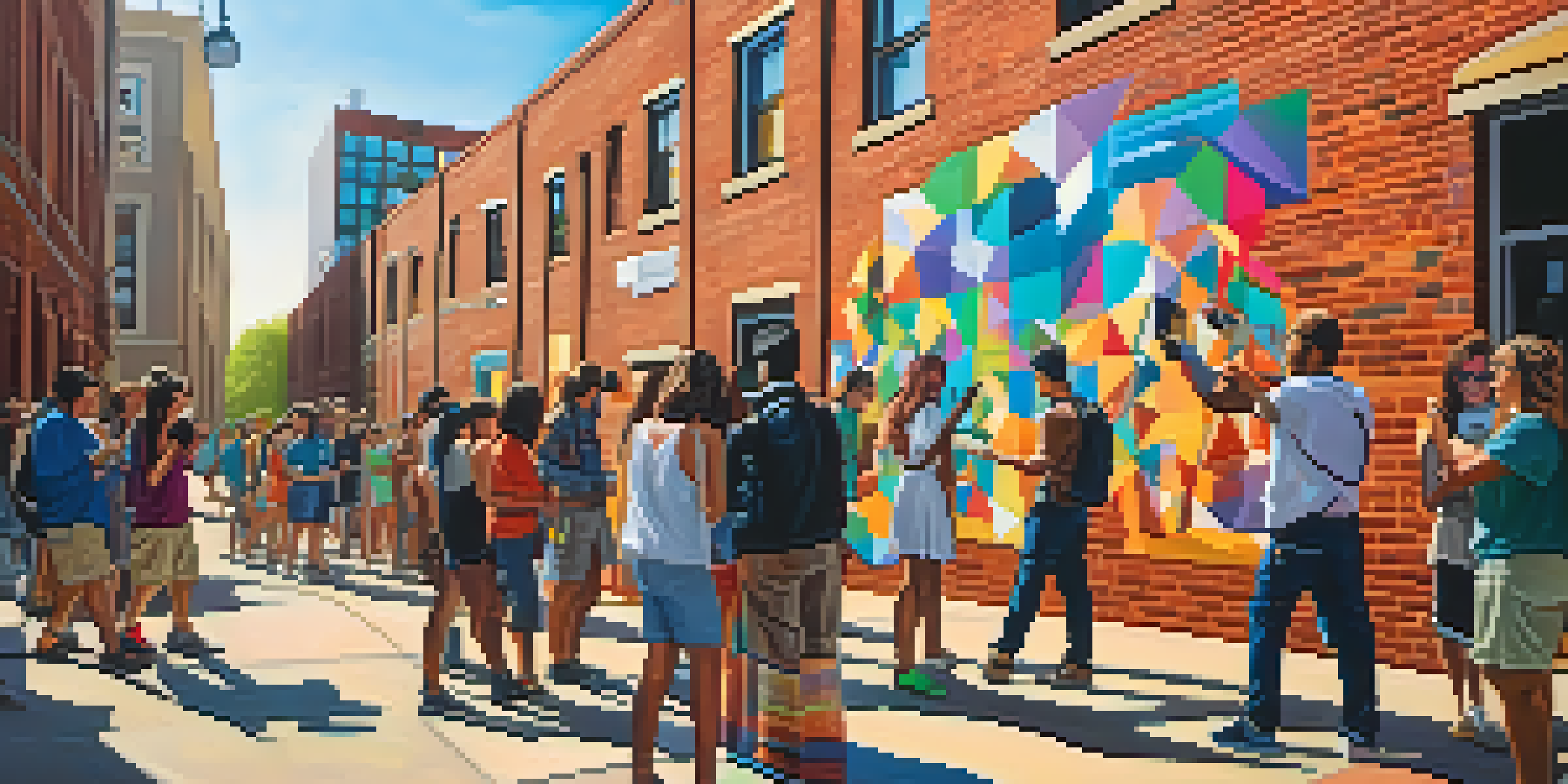A group of artists painting a colorful mural on a brick wall in an urban setting, with onlookers taking photos.