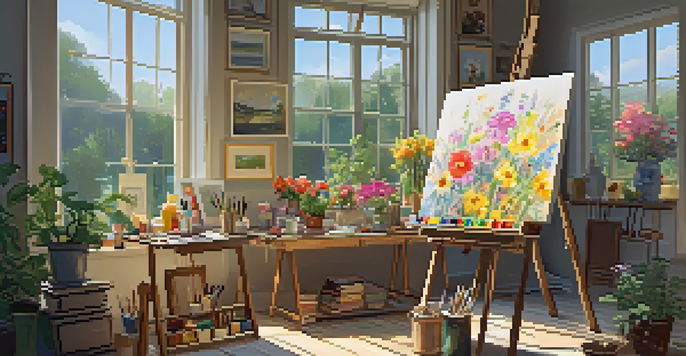 A bright and inviting art studio with a large canvas, various artworks on the walls, and a cluttered table of art supplies, alongside a view of a sunny garden.
