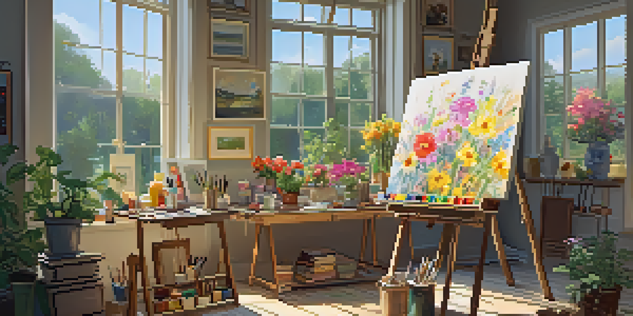 A bright and inviting art studio with a large canvas, various artworks on the walls, and a cluttered table of art supplies, alongside a view of a sunny garden.