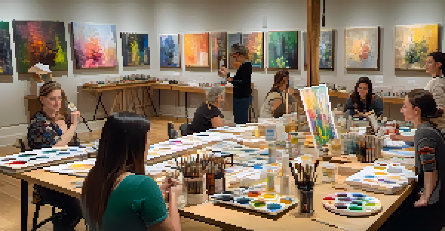 An artist-led workshop in a museum studio with participants engaged in learning painting techniques.