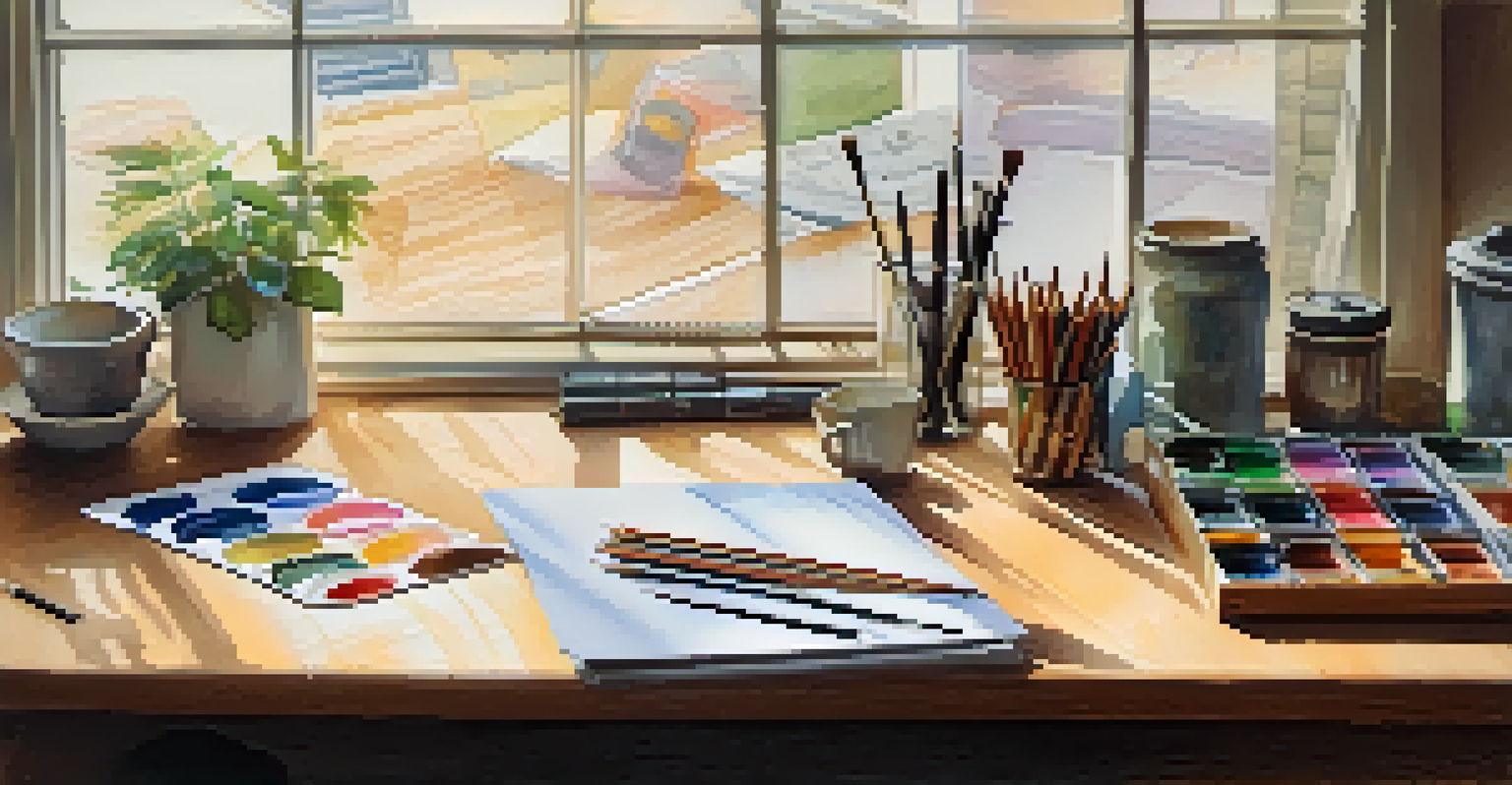 An artist's workspace with watercolor pencils, a painting in progress, and a cup of water under warm light.