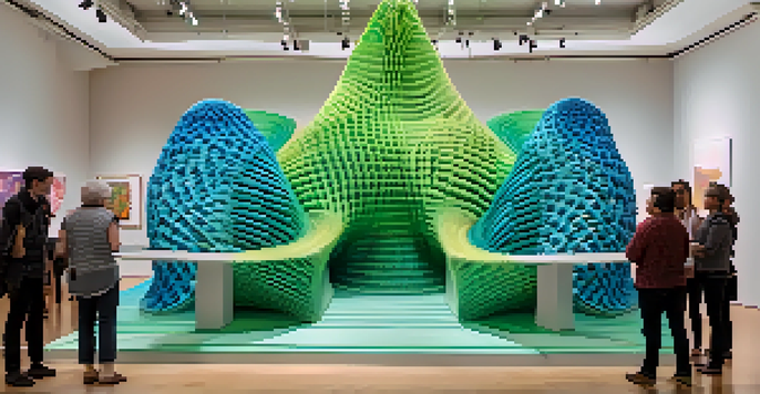 A large, colorful 3D printed sculpture in an art gallery, surrounded by people admiring its intricate design.