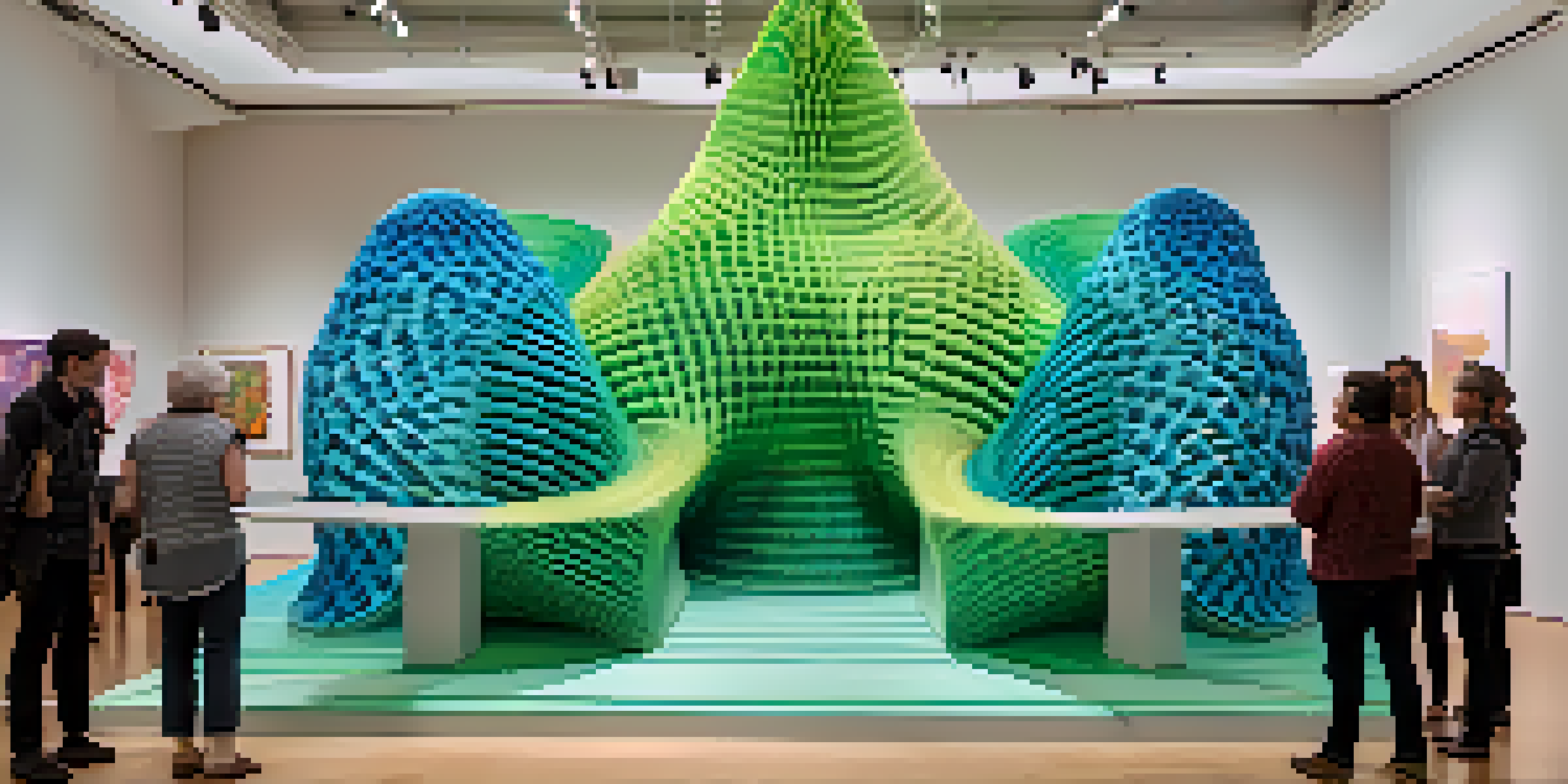 A large, colorful 3D printed sculpture in an art gallery, surrounded by people admiring its intricate design.