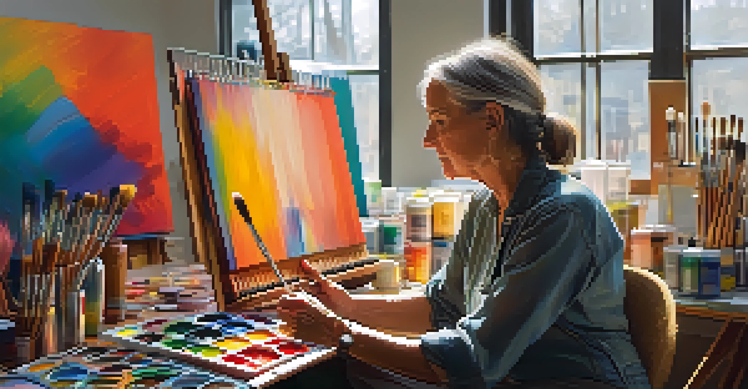 An artist painting in a sunlit studio, surrounded by synthetic painting tools including acrylic paints and nylon brushes, with sunlight illuminating her work.