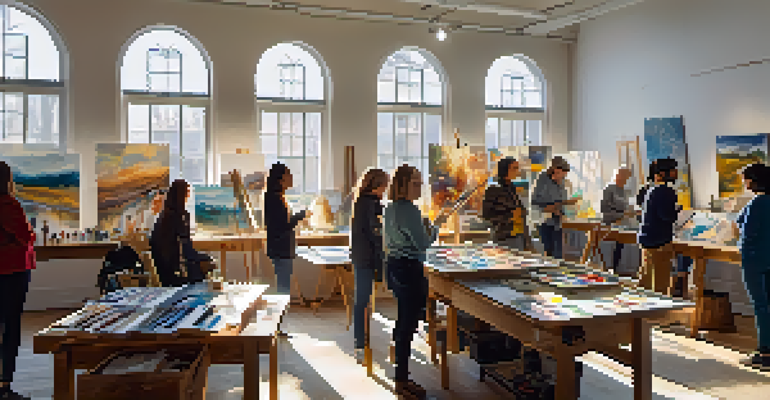 An artist leading a workshop with diverse participants engaged in creating art, surrounded by inspiring artwork and natural light.