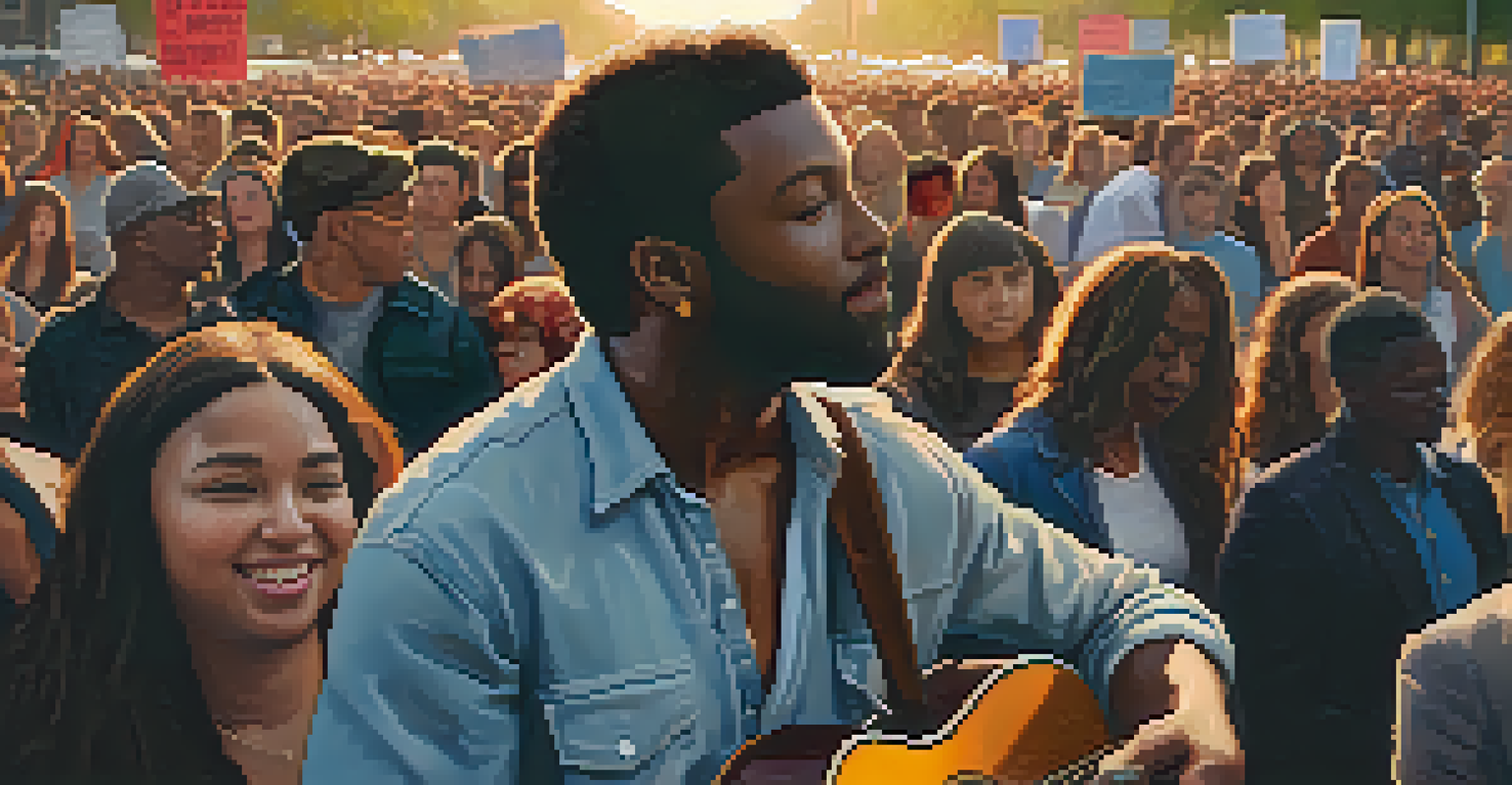 A musician playing guitar at a protest during sunset, with people in the background holding signs.
