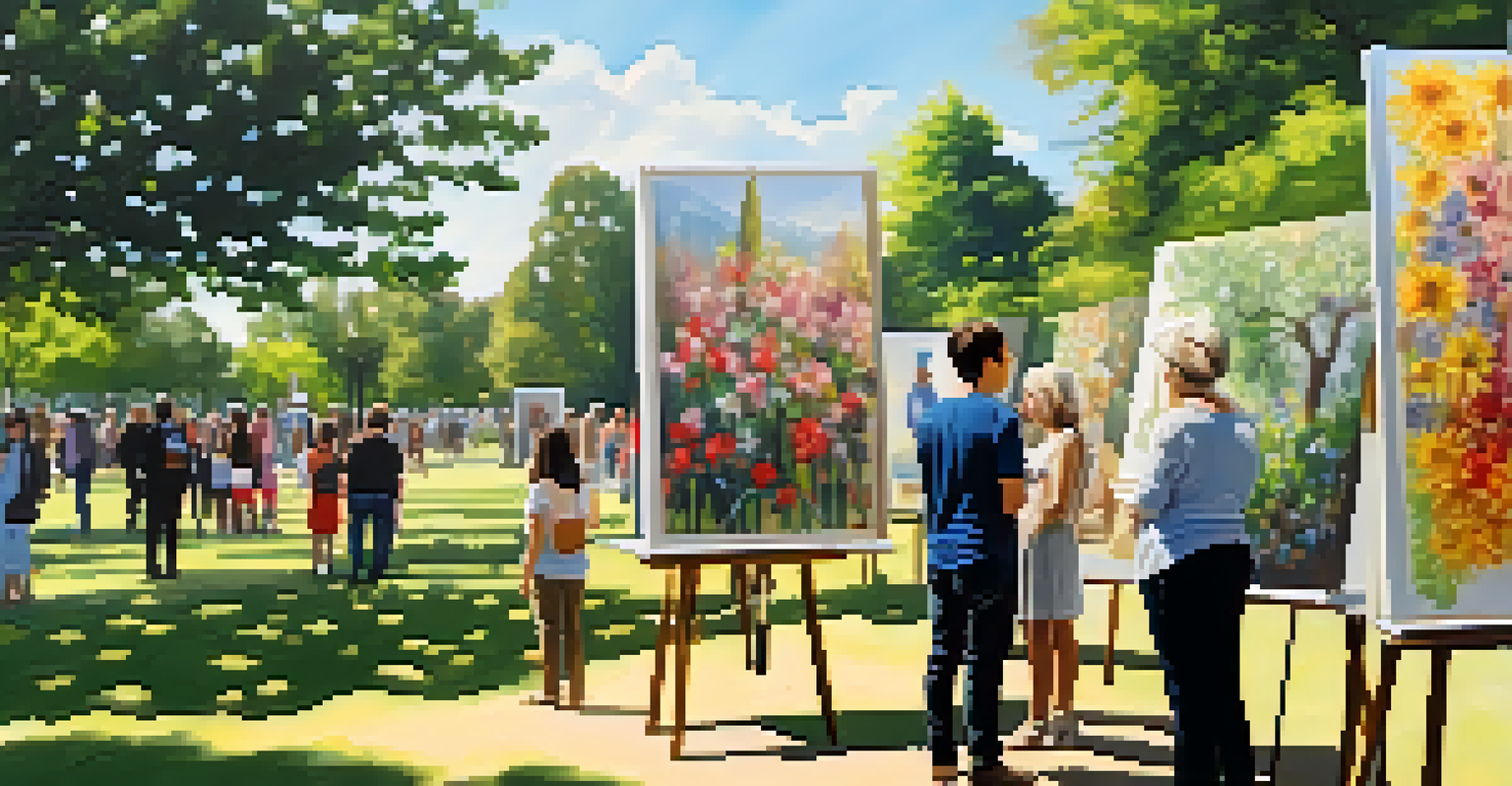 A lively outdoor art exhibition in a park with visitors admiring artworks surrounded by nature.