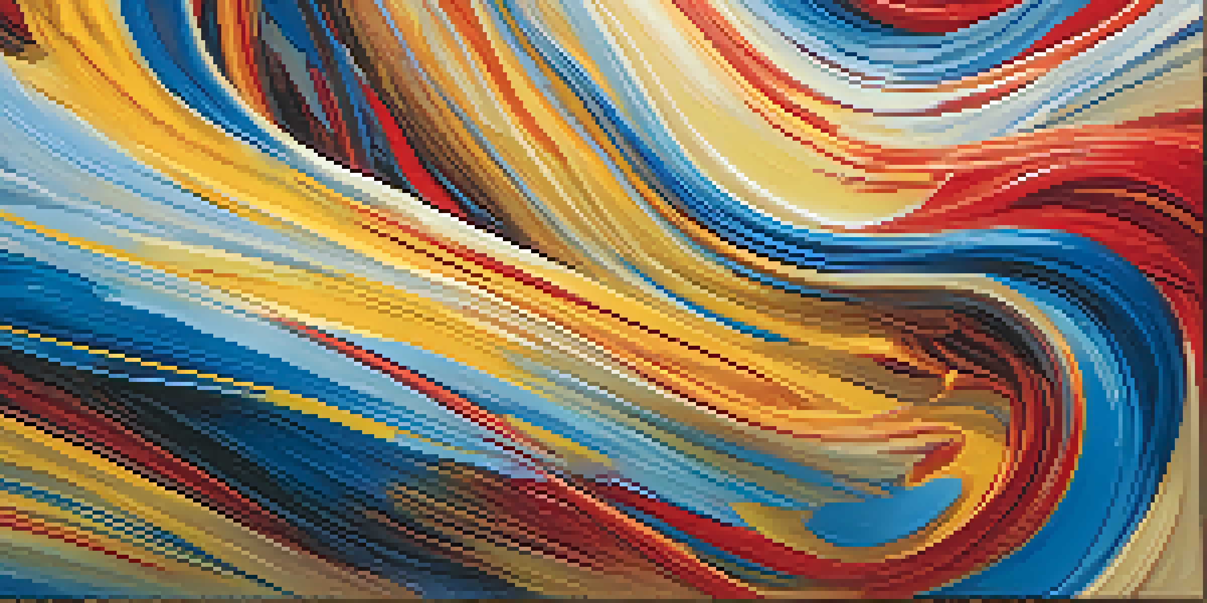 A close-up view of an abstract painting featuring swirling patterns in vibrant colors of blue, red, and yellow, with textured brushstrokes illuminated by soft light.