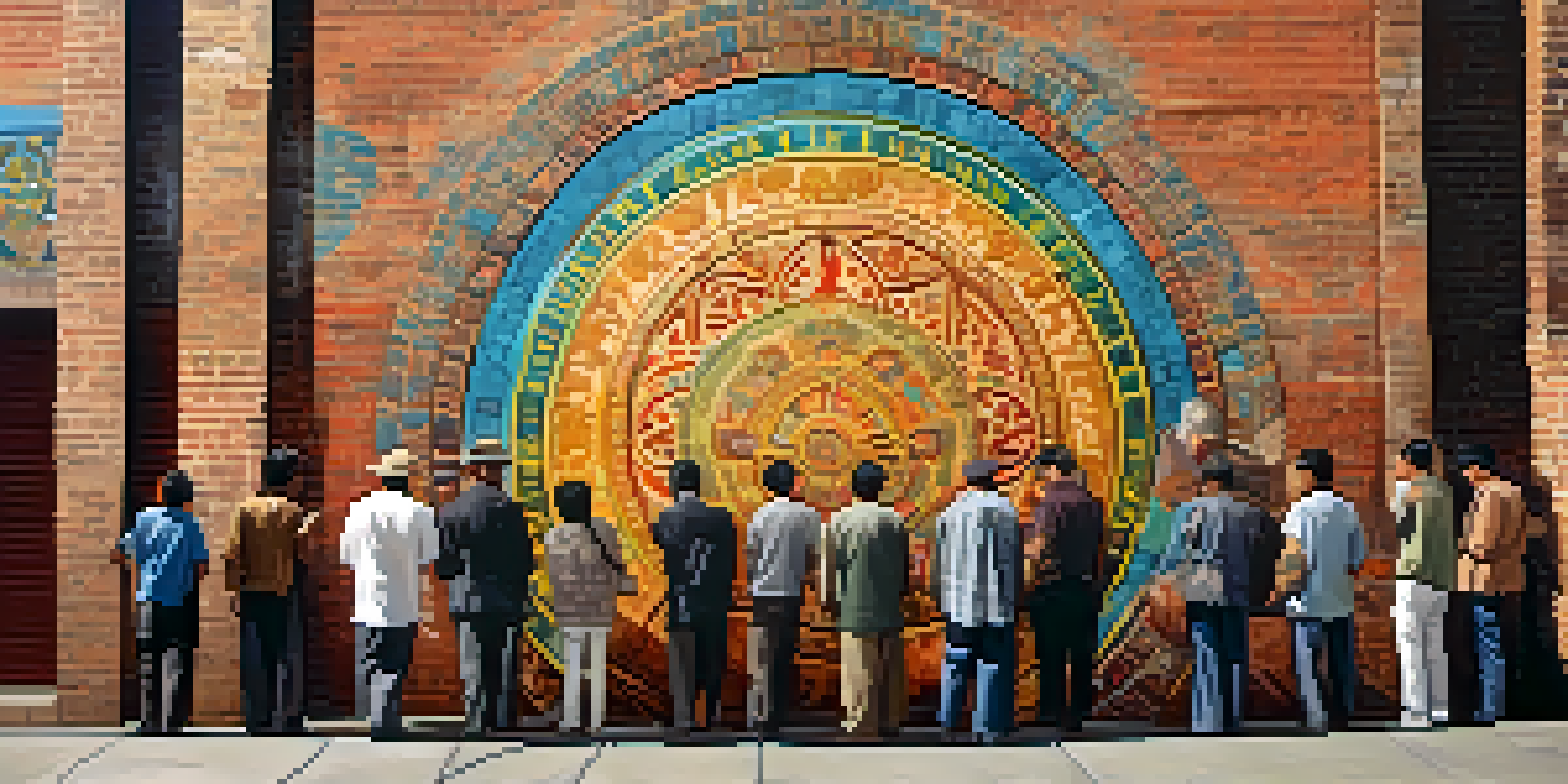 A colorful street art mural that blends Eastern and Western cultural symbols on a brick wall, with diverse people admiring it.