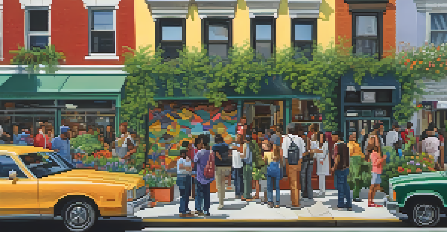 A community mural on an urban street, with diverse people engaging with the artwork and greenery around.