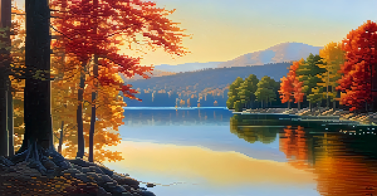 A tranquil lake surrounded by autumn trees in warm colors, reflecting on the water's surface during golden hour.