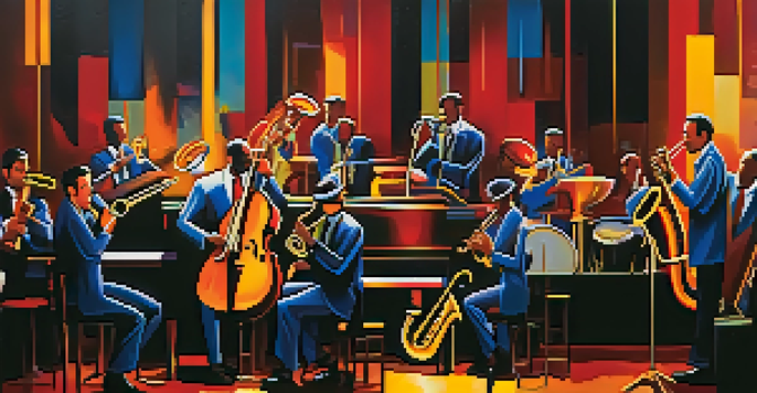 An abstract painting of a jazz band, full of vibrant colors and dynamic shapes, set in a cozy jazz club ambiance.