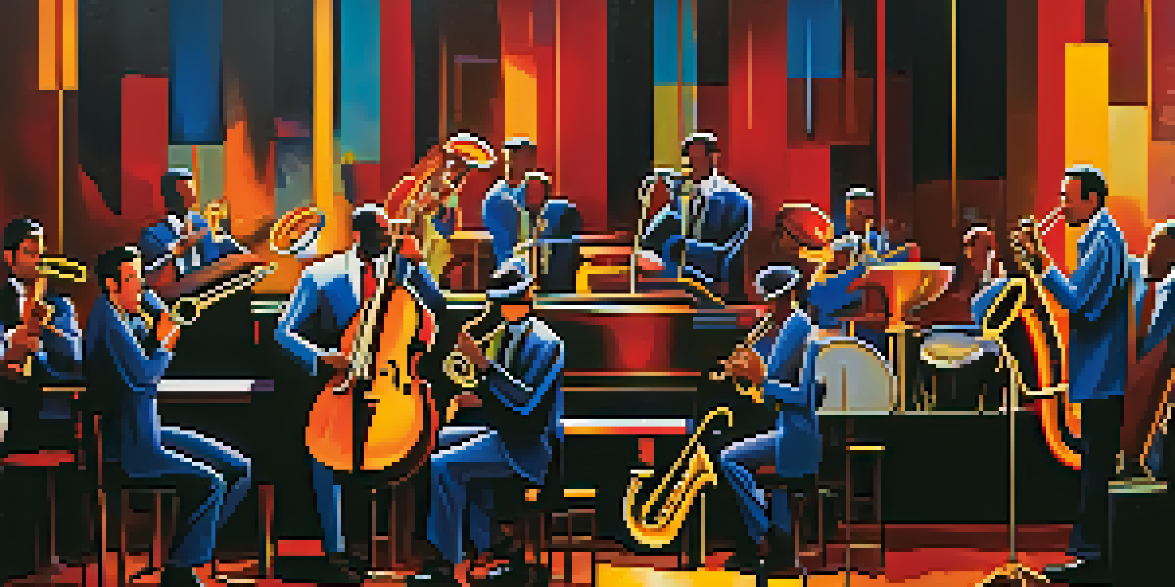An abstract painting of a jazz band, full of vibrant colors and dynamic shapes, set in a cozy jazz club ambiance.