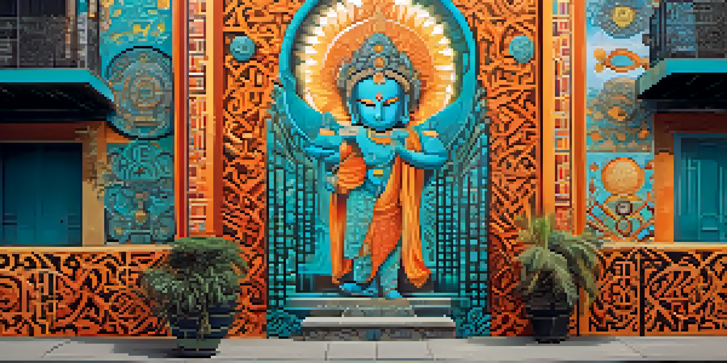 A colorful street mural that blends cultural symbols from different regions, illuminated by sunlight.
