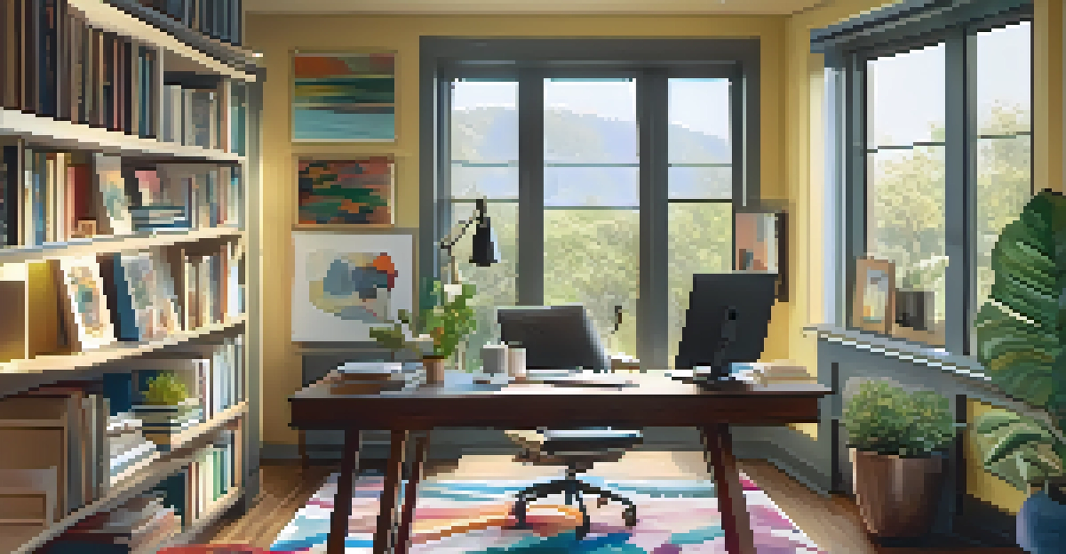 A cozy home office featuring art books and colorful abstract art, with a view of a lush garden through the window.