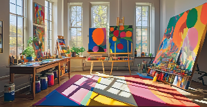 An artist's studio filled with colorful paint supplies, a large canvas, and artworks on the walls, illuminated by warm sunlight.