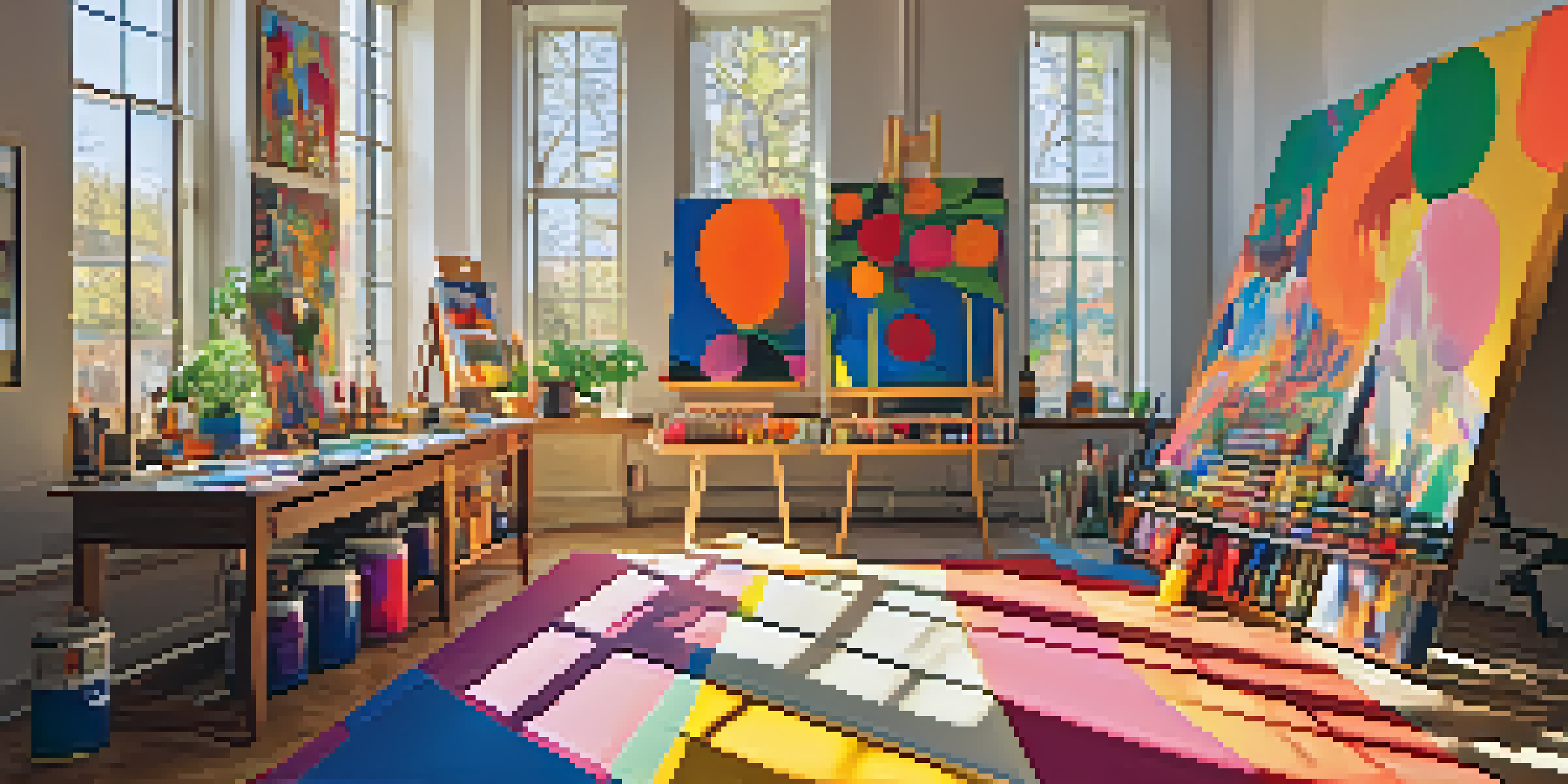 An artist's studio filled with colorful paint supplies, a large canvas, and artworks on the walls, illuminated by warm sunlight.