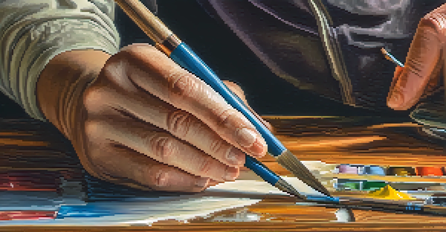 An artist restoring a vintage painting, focusing on the intricate details and tools used for conservation.