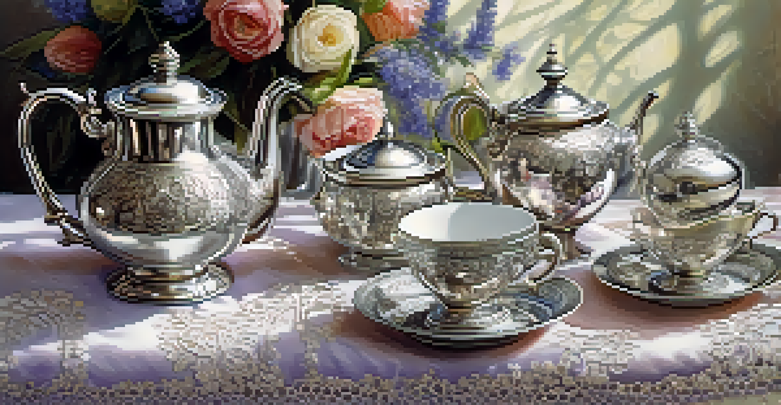 A vintage silver teapot with delicate tea cups on a lace tablecloth, illuminated by soft morning light, featuring a sprig of lavender.