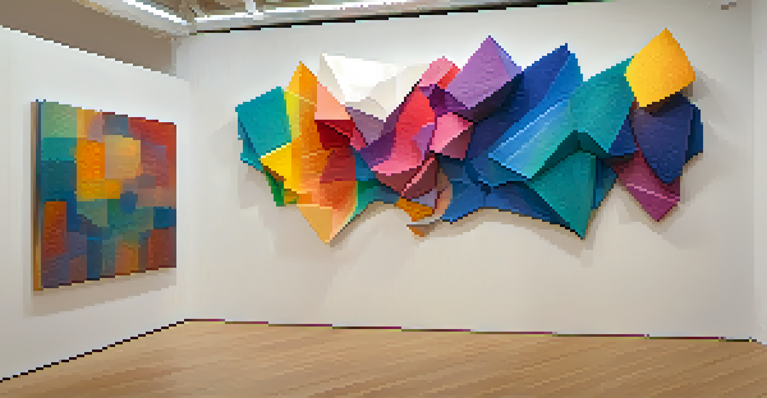 A textured, colorful abstract painting made with 3D printing techniques, displayed in an exhibition space.