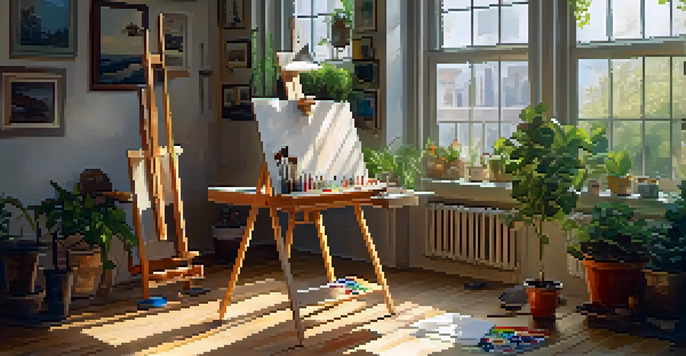 A bright and inviting art studio with an easel and a partially painted canvas, surrounded by art supplies and a potted plant.