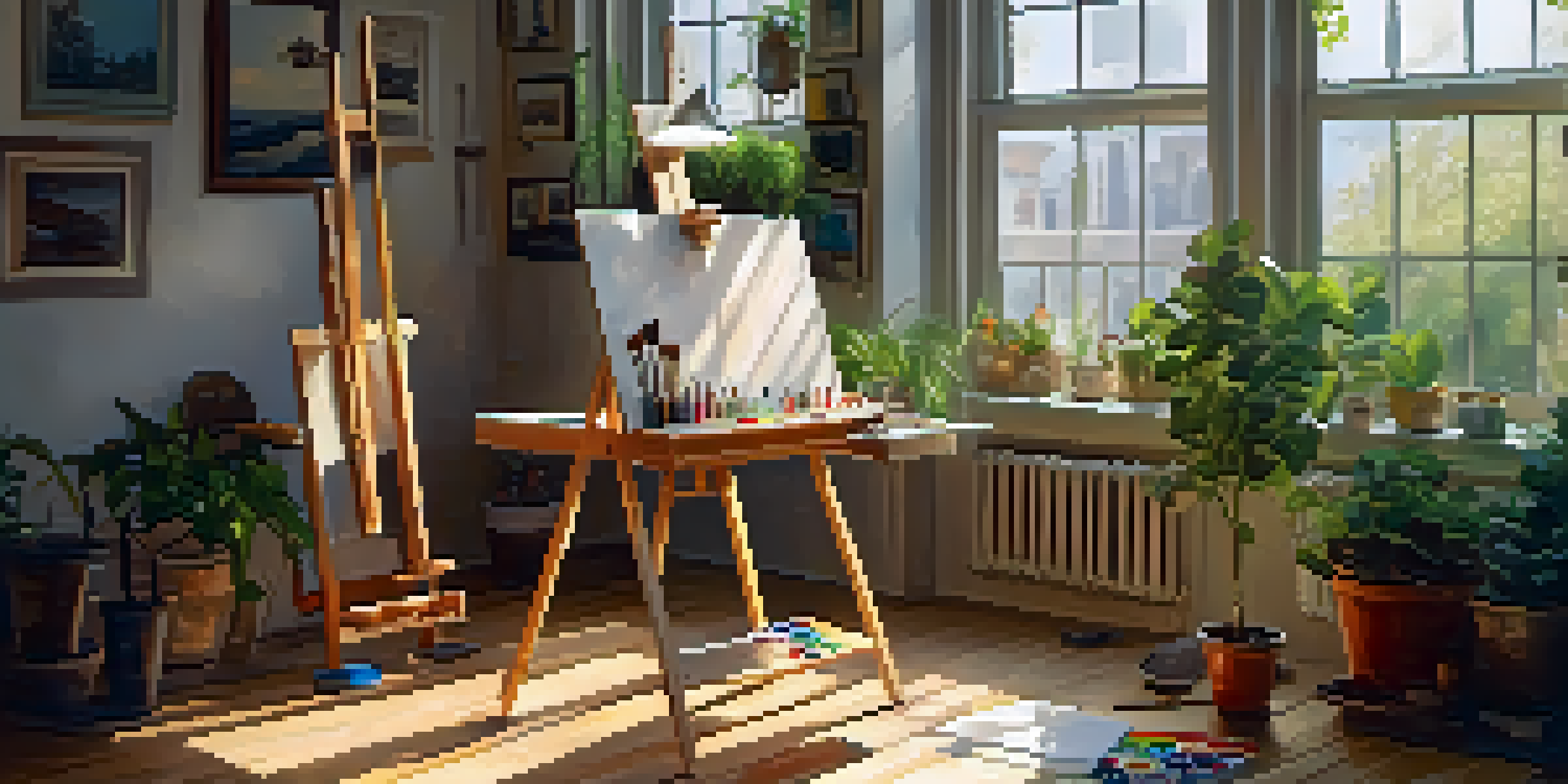 A bright and inviting art studio with an easel and a partially painted canvas, surrounded by art supplies and a potted plant.