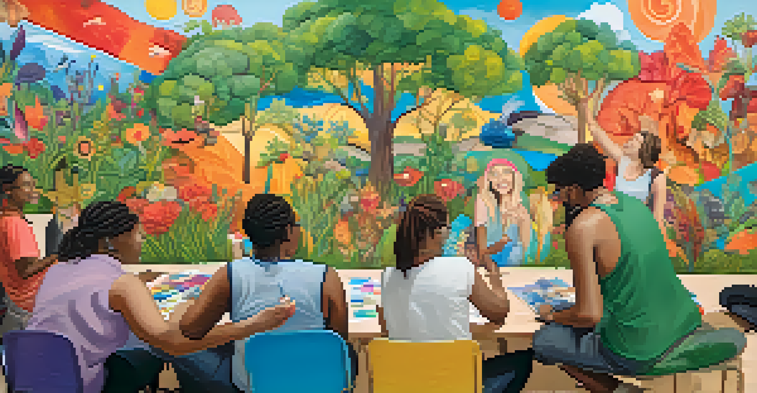 A diverse group of people collaboratively painting a large mural that represents nature, with expressions of joy and connection.