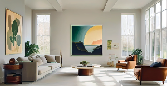 A bright gallery with a famous painting on display, illuminated by natural light, surrounded by minimalist furniture and plants.