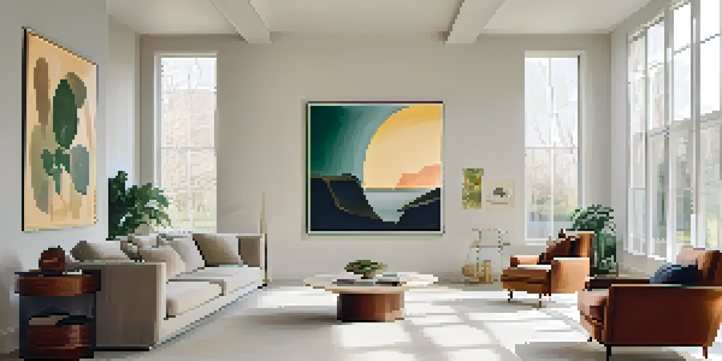 A bright gallery with a famous painting on display, illuminated by natural light, surrounded by minimalist furniture and plants.