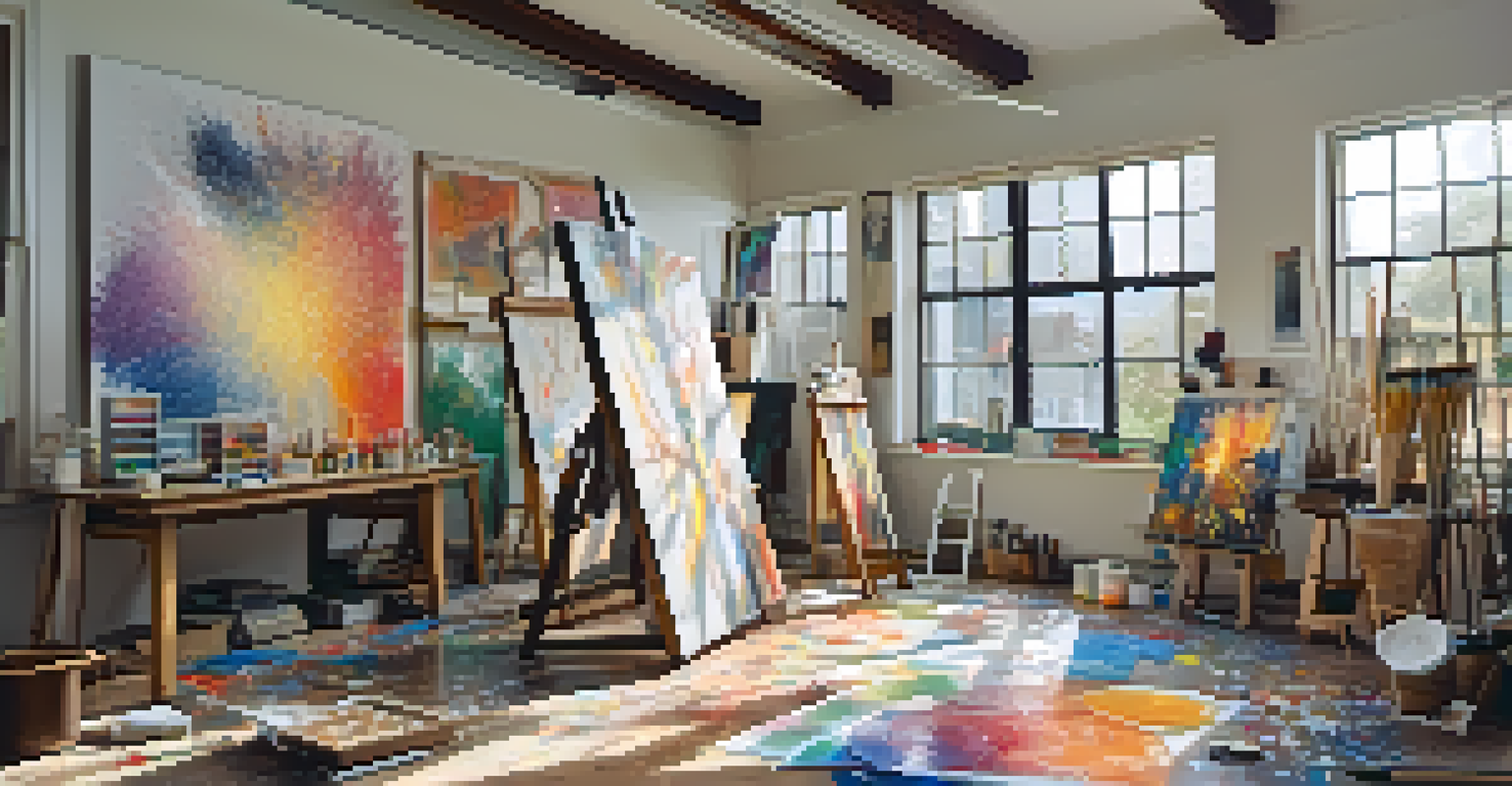 An artist's studio with canvases on the walls, brushes, and paint splatters, illuminated by natural light.