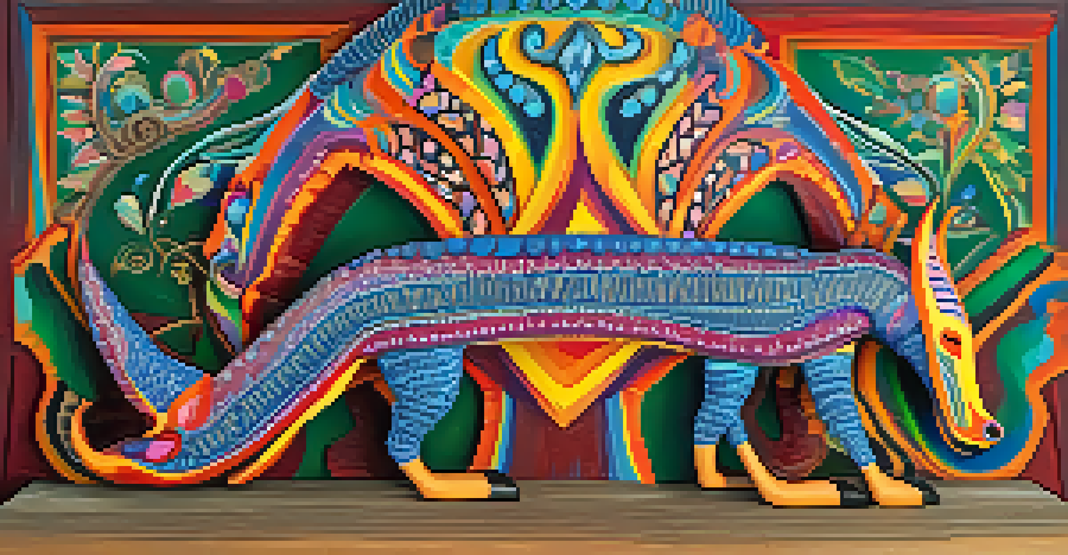 A brightly colored alebrije sculpture with intricate patterns set against a rustic background.