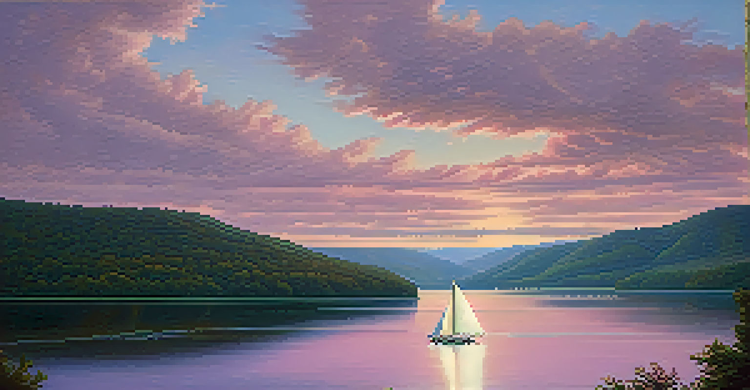 A vast sunset over the Hudson River Valley with hills, a calm river, and a sailboat.