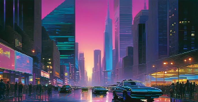 A futuristic city at twilight filled with modern skyscrapers and neon lights, bustling with people and vehicles.