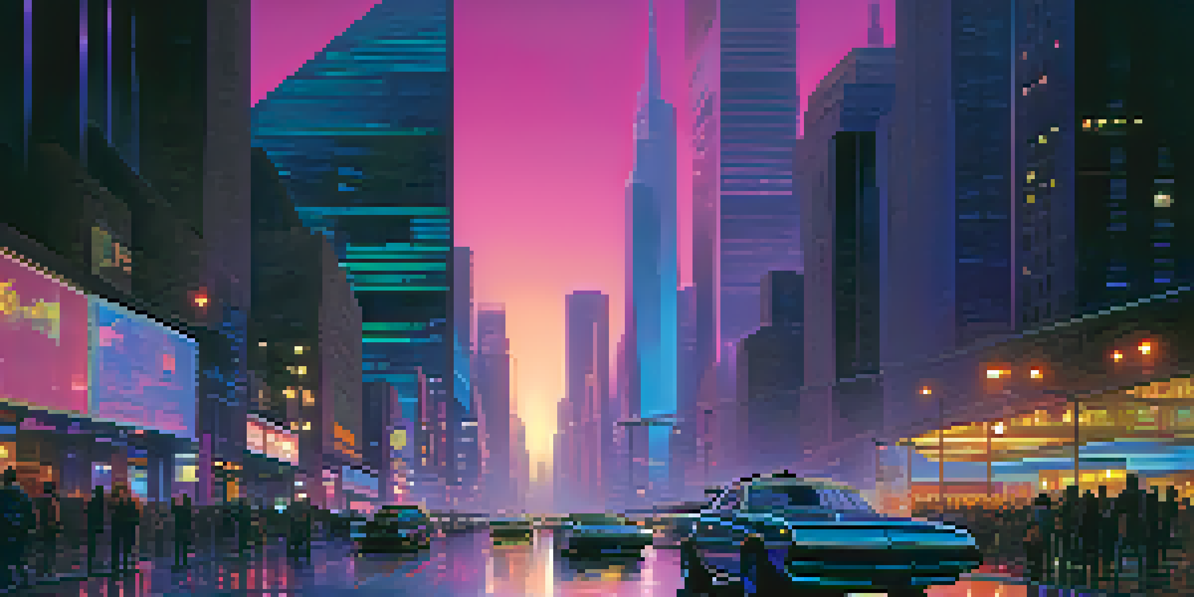 A futuristic city at twilight filled with modern skyscrapers and neon lights, bustling with people and vehicles.