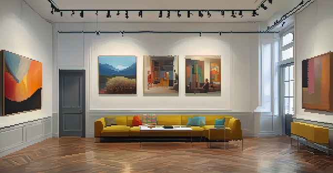 Interior view of a cozy art gallery with diverse paintings and collectors discussing art.