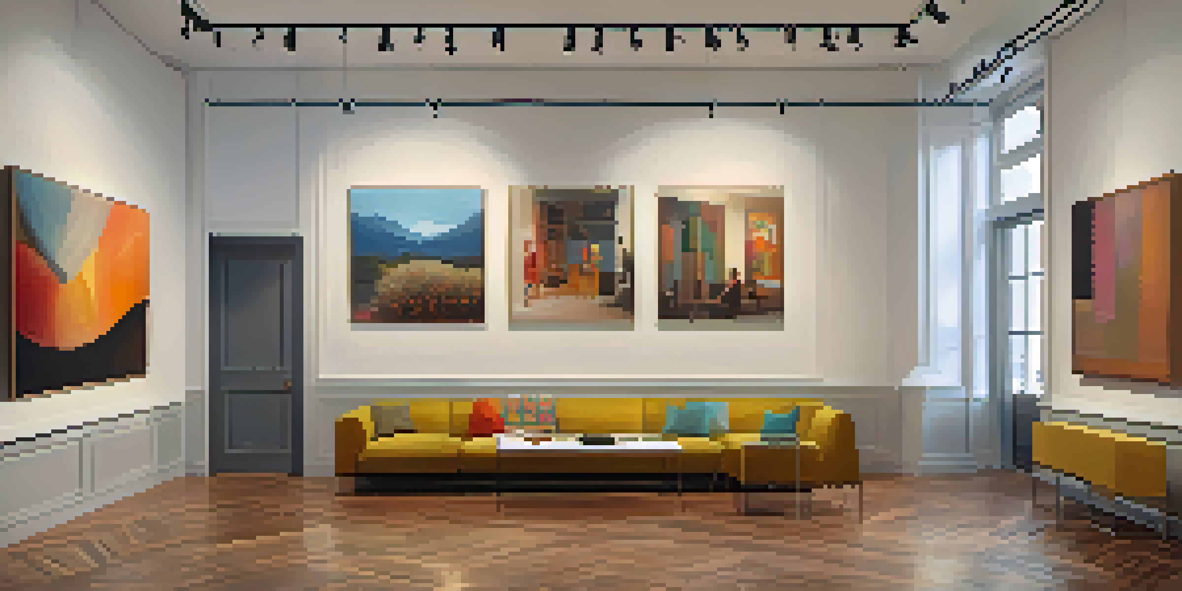 Interior view of a cozy art gallery with diverse paintings and collectors discussing art.