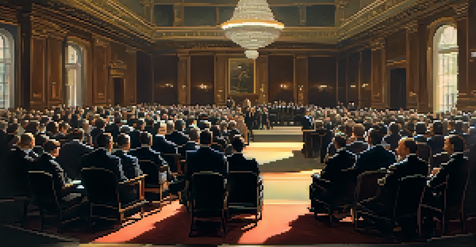 An elegant auction house with a podium, bidders seated, and an artwork being showcased under dramatic lighting.