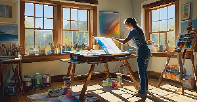 An artist painting in a bright studio with sunlight pouring in, surrounded by art supplies.