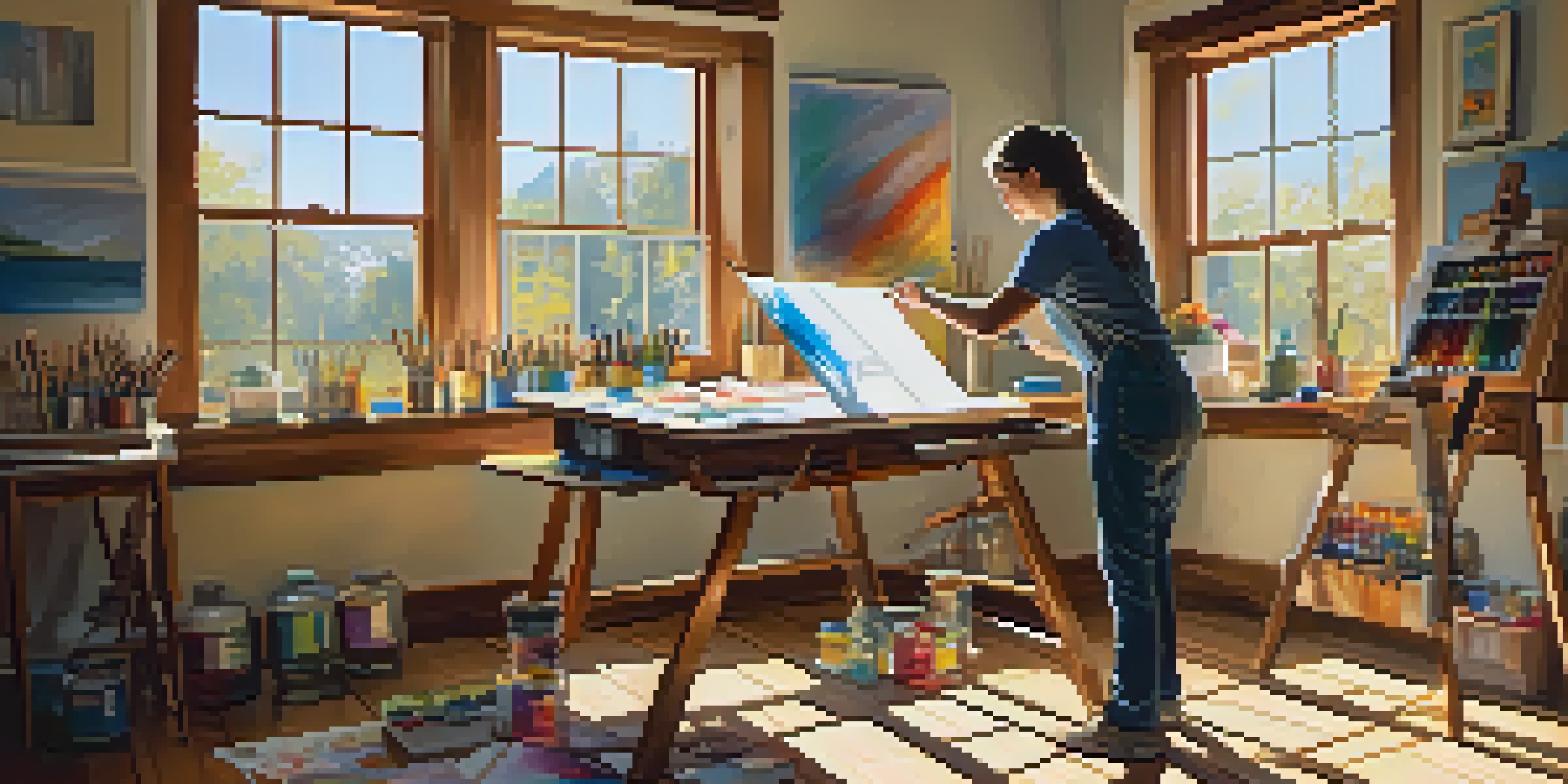 An artist painting in a bright studio with sunlight pouring in, surrounded by art supplies.
