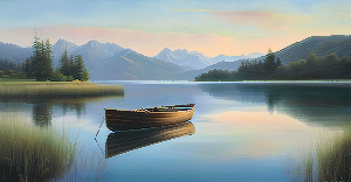 A peaceful landscape with a tranquil lake reflecting soft blue and green mountains at dawn, with a small wooden boat at the edge.