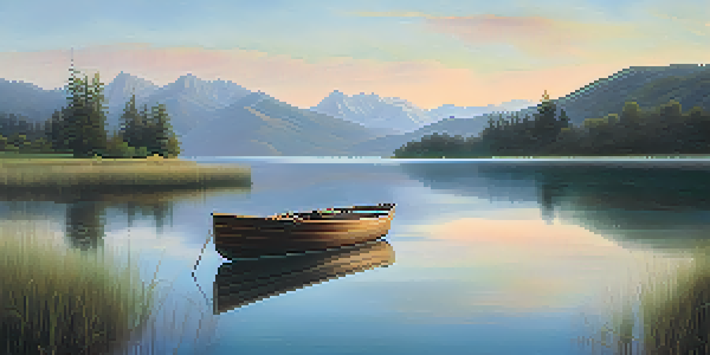 A peaceful landscape with a tranquil lake reflecting soft blue and green mountains at dawn, with a small wooden boat at the edge.
