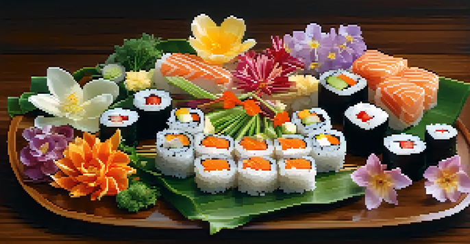 A plate of sushi artfully arranged to resemble a blooming flower, with vibrant colors and garnished with edible flowers.
