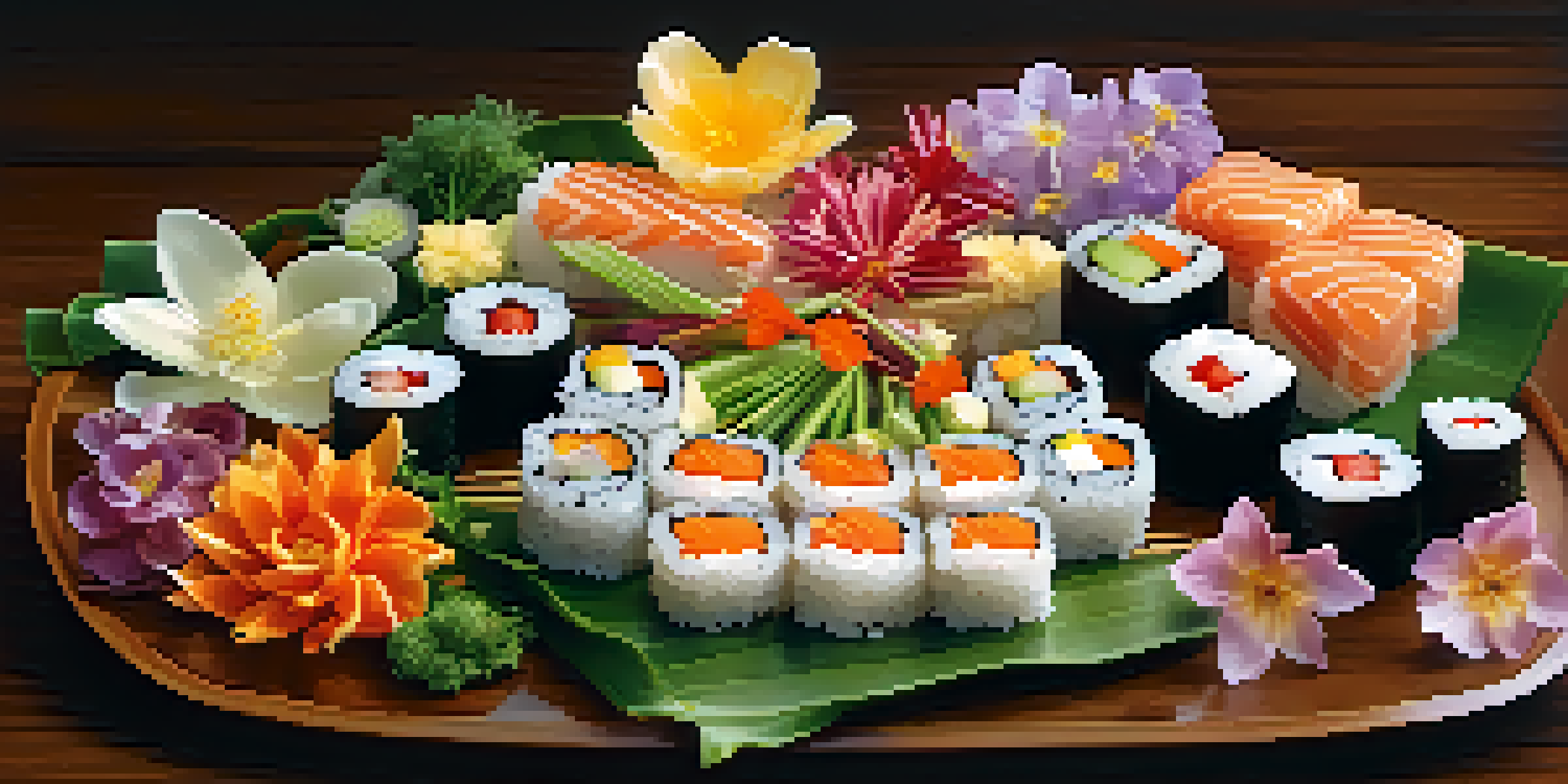 A plate of sushi artfully arranged to resemble a blooming flower, with vibrant colors and garnished with edible flowers.
