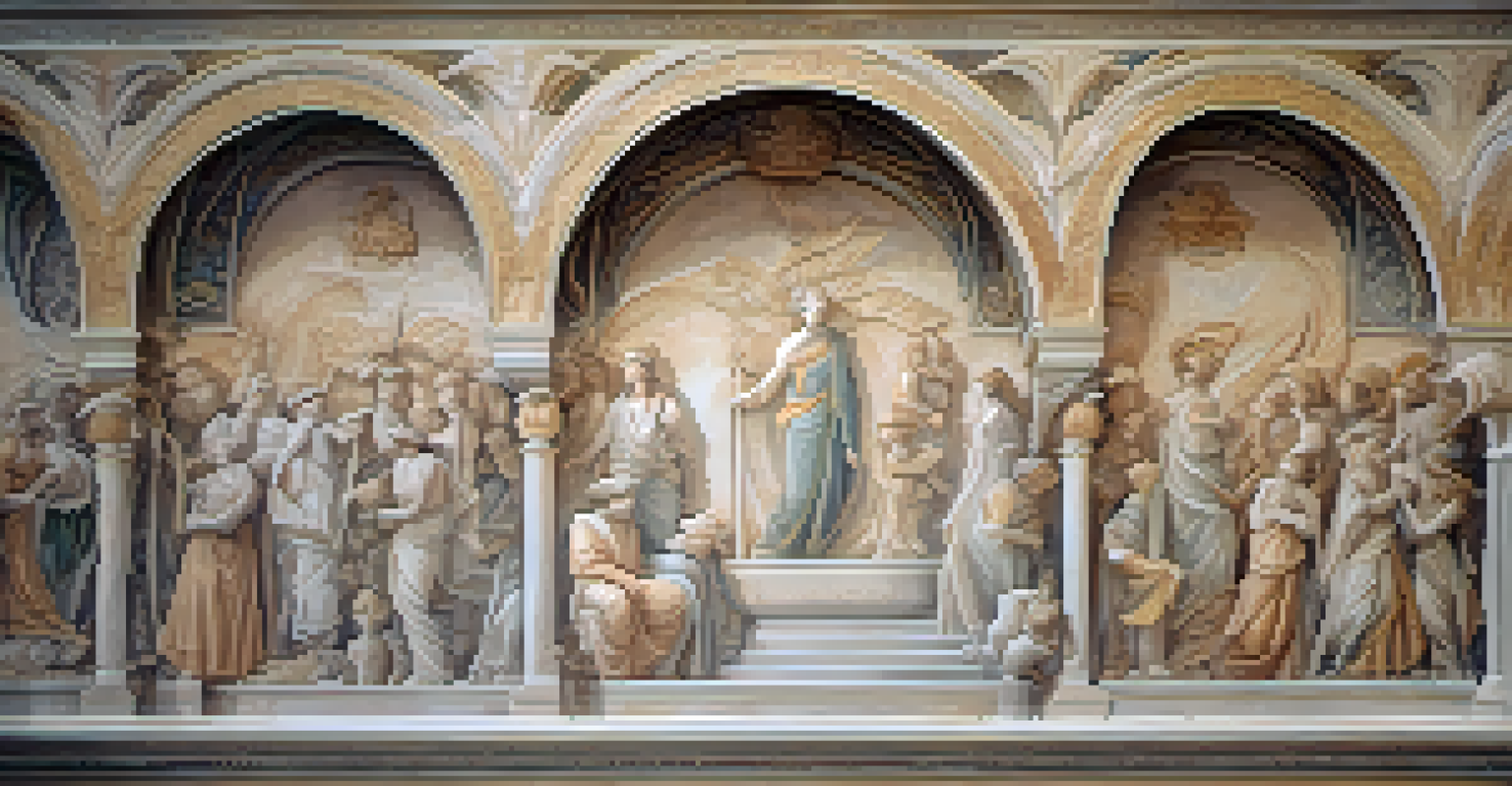 A detailed close-up of a fresco secco mural with mythological patterns and faded colors.