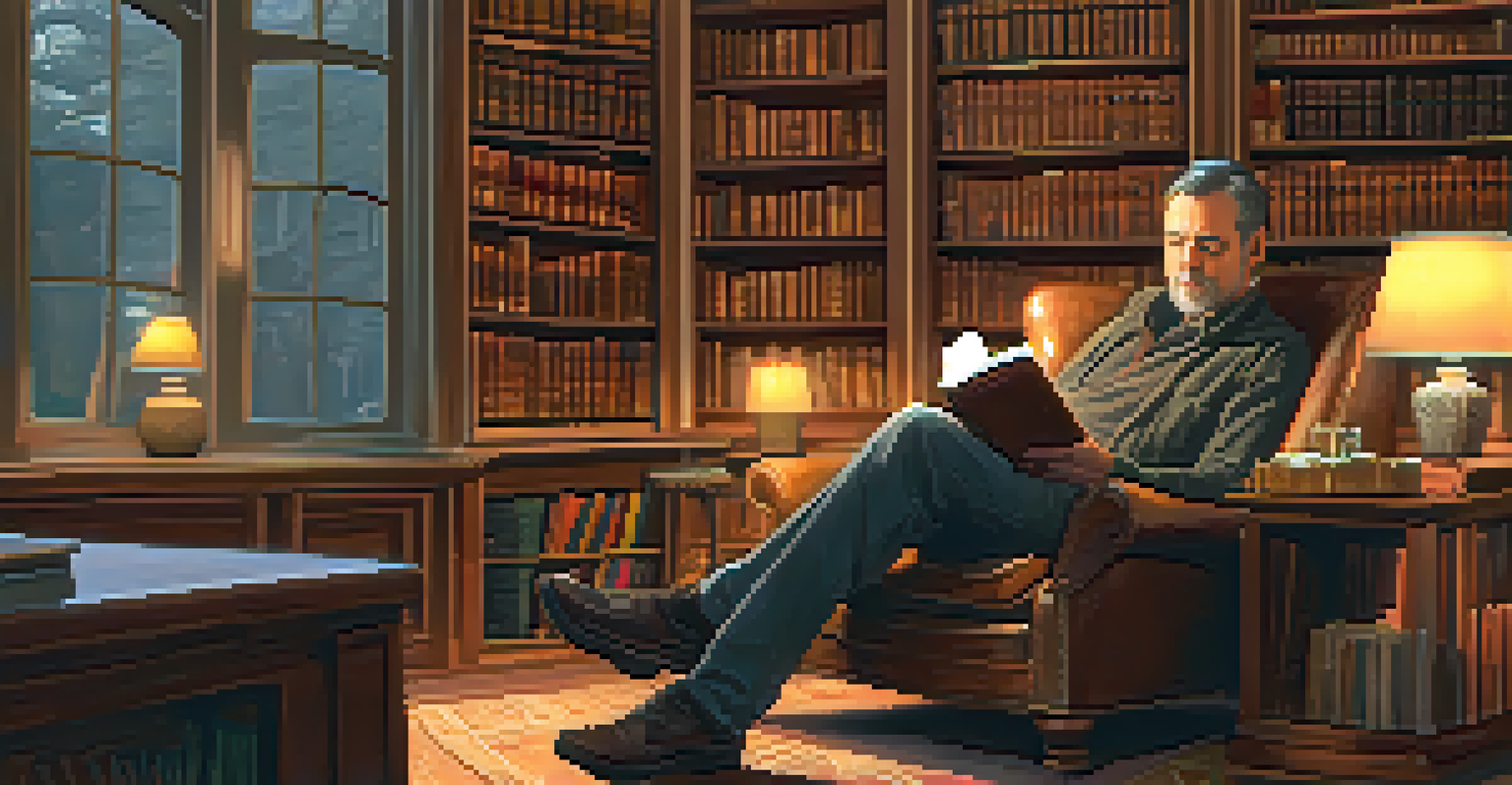 A middle-aged man reading in a cozy library, surrounded by books and warm lighting.