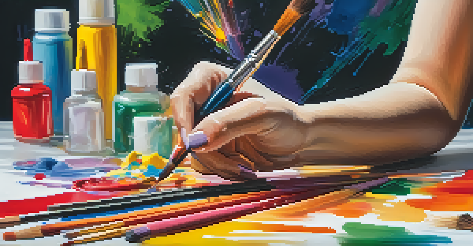 A close-up of a woman's hands painting on a canvas with vibrant colors, surrounded by art supplies.