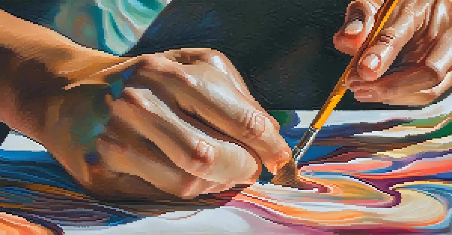A close-up of diverse hands using adaptive tools to paint an abstract artwork, showcasing vibrant colors and textures.