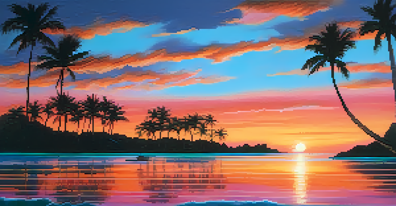 A vibrant coastal sunset with deep blue waters and a sky filled with warm oranges and pinks, framed by palm trees.