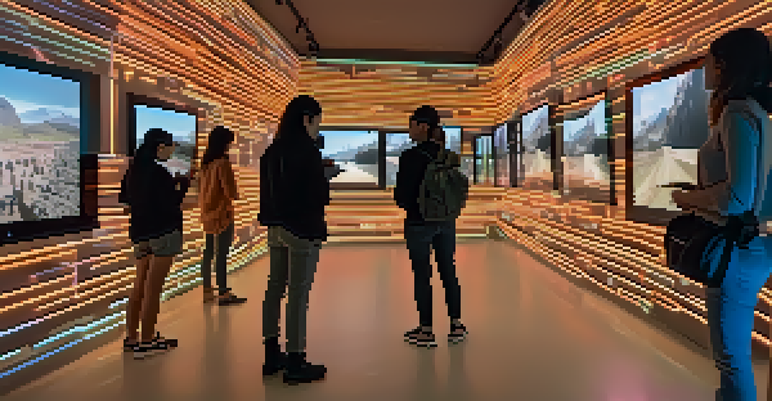 Visitors wearing augmented reality glasses in a brightly lit room, interacting with digital elements superimposed on real-world objects.