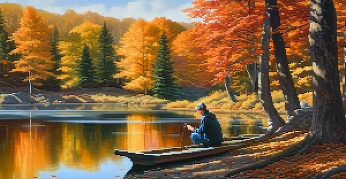 An artist painting by a calm lake with autumn trees reflecting in the water, illuminated by soft sunlight.